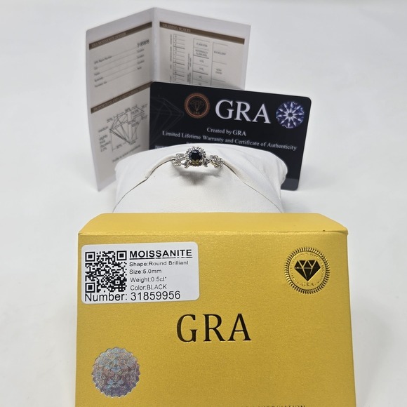 .5ct Black Moissanite Ring Round Halo Vine GRA Cert White Gold Plated Sizes 6-12 - Picture 2 of 13